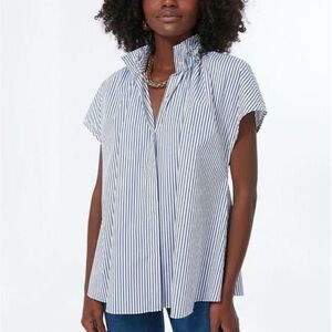 Pomander Place Blue and White Striped Cap-Sleeve Popover Top
